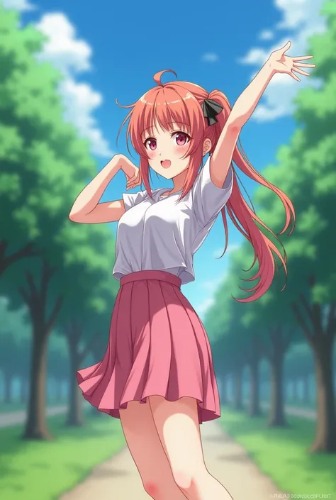 Make an image of an anime girl spreading her pussy in the middle of a park