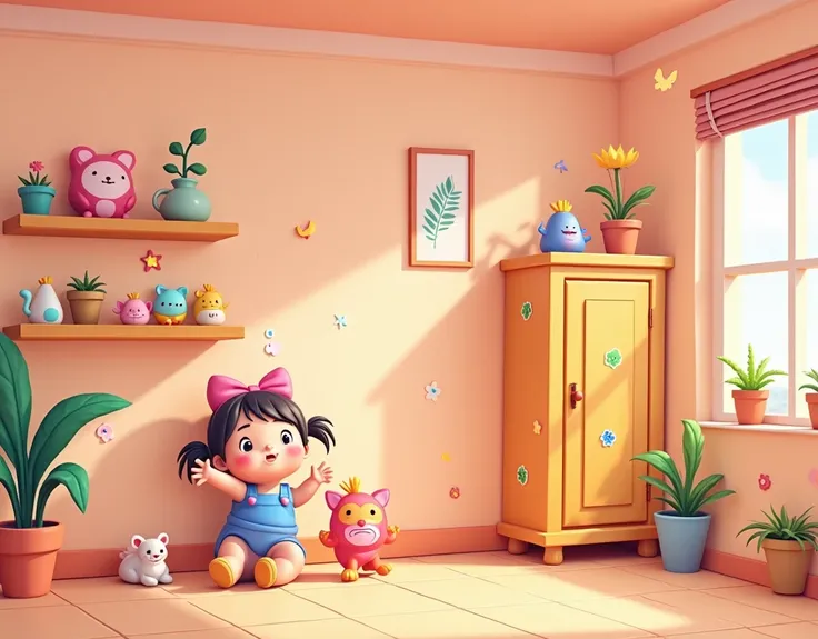 Cartoon bedroom, peach wall, cupboard