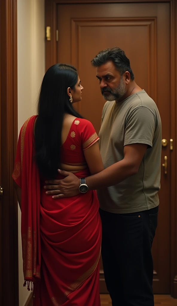 50 year old indian man standing in angry face, slapped a girl, girl back pose, girl wearing red saree, girl hands on his stomach, wearing grey tshirt and black pant, standing near door, luxurious interior, detailed face, detailed image, cinematic scene, ci...