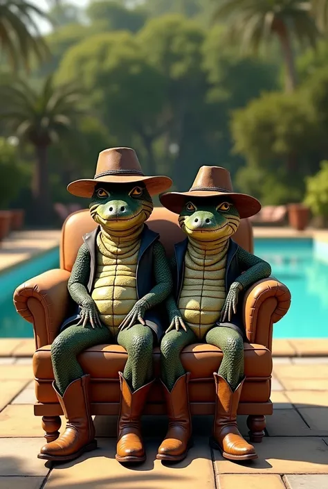 Create two calangos in boots and hat sitting on an armchair by the pool