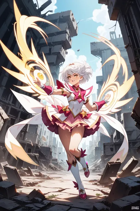  yag,  long hair, White Hair,  golden eyes,   One girl , head, face,  Magical Girl ,  absurd, masterpiece,  top quality ,  Magical Girl  costume, (( Magical Girl )),  short hair, despair, Ruins,  DYNAMIC POSE, The End, Spell casting, Style-Glass,   full bo...