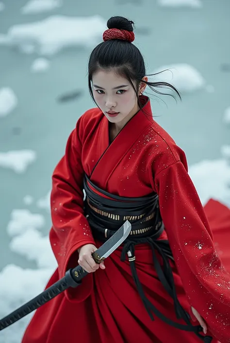 (( top quality )), ((masterpiece)), (  Details),  One girl ,  sexy、Japanese beautiful woman、 wearing a Japanese red kimono 、Im wearing a Japanese red armor helmet from above、 holding a Japanese sword、 the background is a frozen lake 、 slender 、 slim、 strai...