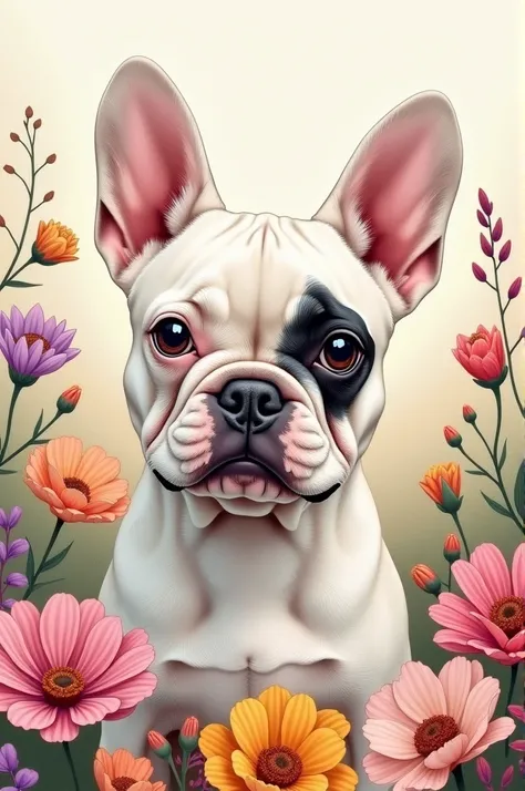 Beautiful drawing of a white French Bulldog with a black left eye, surrounded by flowers 
