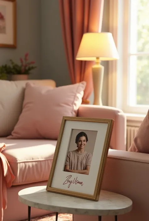 An elegantly decorated room with soft lighting and cozy furniture. On the side table, there is a beautifully placed photo frame with a picture inside. The frame has the name Zoya Usman elegantly written beneath the picture in stylish, cursive font. The roo...