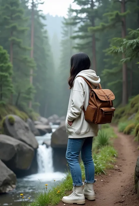 A beautiful young Korean-looking Indonesian girl on an outdoor adventure. She is wearing an oversized white hoodie, blue jeans, and white boots suitable for hiking. The woman is carrying a large brown backpack, indicating that she is on an exploration trip...