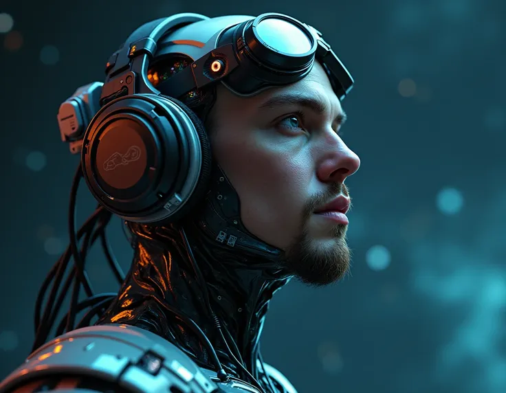 "A highly detailed cyborg Martin Noah, focused from the shoulders up, gazing slightly toward the camera. The cyborg should have a futuristic and sleek appearance, featuring polished metal, intricate mechanical details, and glowing neon cybernetic implants....