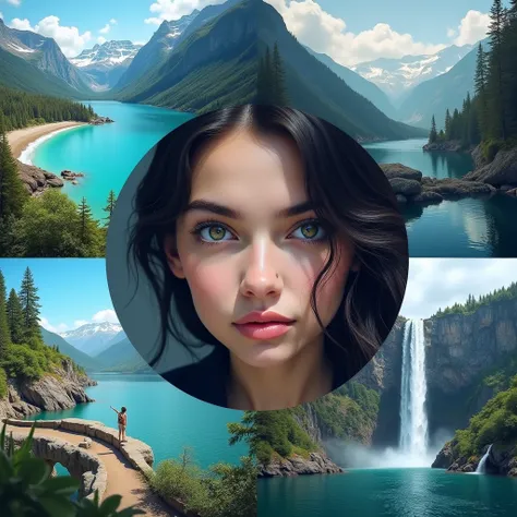  banner for the tourism channel  , , 4 photos in one image .  A girl with dark hair and the corner of her eye. against the backdrop of mountain landscapes  , seas of  ,  and a waterfall in ultra quality 