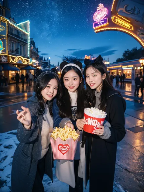  Two Women .Nightsky.starry.moom (8k) shopping . winter . ribbon headband. Line-up group .longcoat. leggings. Selfee. Hands-on popcorn. Neon graffiti sticker stamp. Disneyland city park. SNS shot