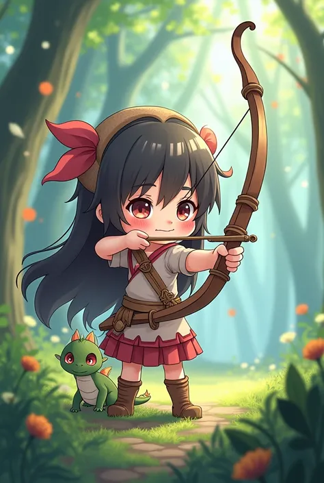 Chibi girl  huntres huge bow and amini pet dragon  long hair 