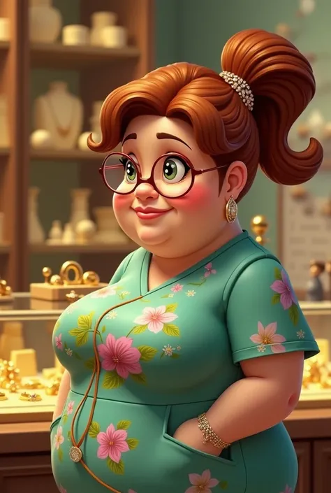 Disney themed short low mature overweight little obesity 80lbs silhouette h, fulled body breastfull  face in the shape of circle, wrinkles, short neck 50 years old white curvy  round woman with carmel coloured hair tided up ponytail with hair clip full of ...