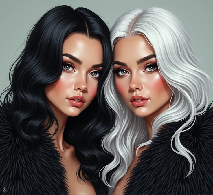 women with black and white hair, wearing a fur coat, hd realism 