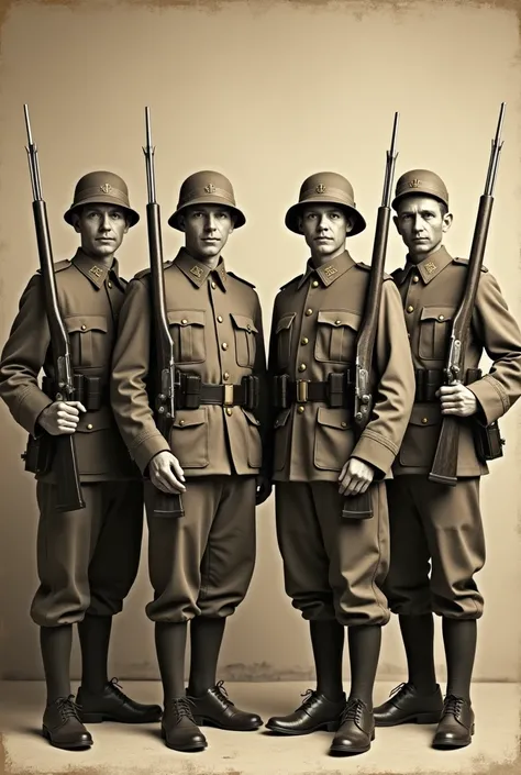 Four soldiers with rifles posing for a photo, old photo