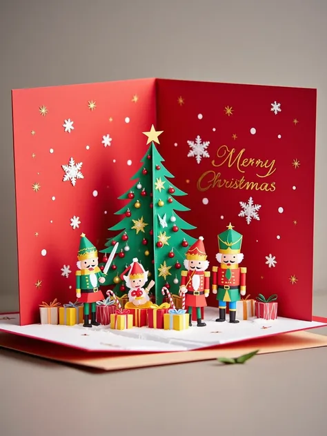 A realistic close-up photo of a handmade Christmas popup card made entirely of intricately cut and folded paper or cardstock. The card is open, revealing a detailed 3D scene crafted from layered paper: a group of colorful nutcrackers standing guard around ...