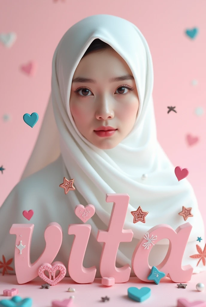 A photo-realistic young Korean woman with a white  hijab pasmina,aged 20 years, perched on top of the text "Vita" written in an intricate script on a lined notebook page. She has black eyes. There are vibrant Christmas hearts and stars in pink, blue, cryst...