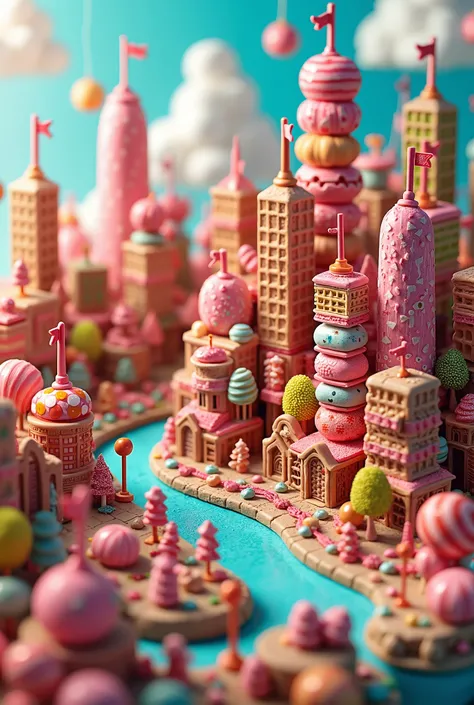 An image of an isometric city on candies and chocolates 