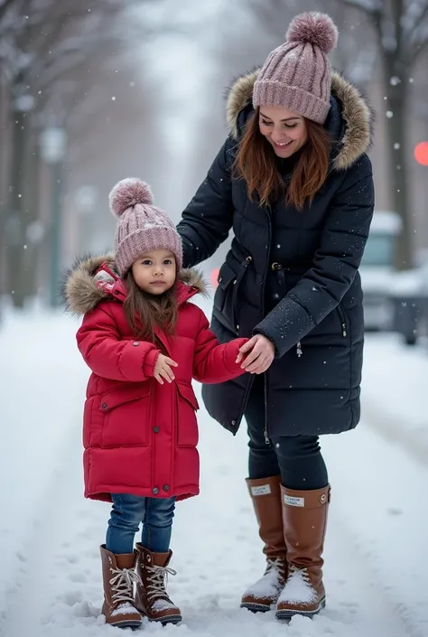 A snowy day， on the streets of the city  ，A very stylish young beautiful mom from Asia and her beautiful little daughter are wearing the same color parent- down jacket. Mom is helping the  sort out her down jacket