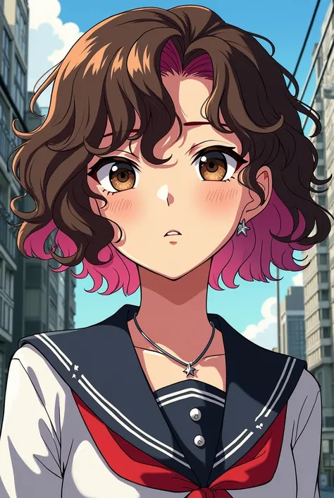 Tokyo revengers Comics panel of a female. She has short curly/wavy brown hair with pink highlight, and brown eyes. she is wearing a school uniform, she has 4 piercings, and one star necklace. 