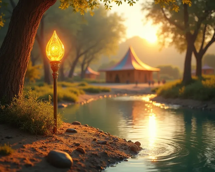 "A symbolic representation of Prophet Harun (AS): a serene scene featuring a glowing golden staff resting beside a peaceful flowing river, symbolizing his support to Prophet Musa (AS) and their shared mission. In the background, a vibrant tent among a comm...