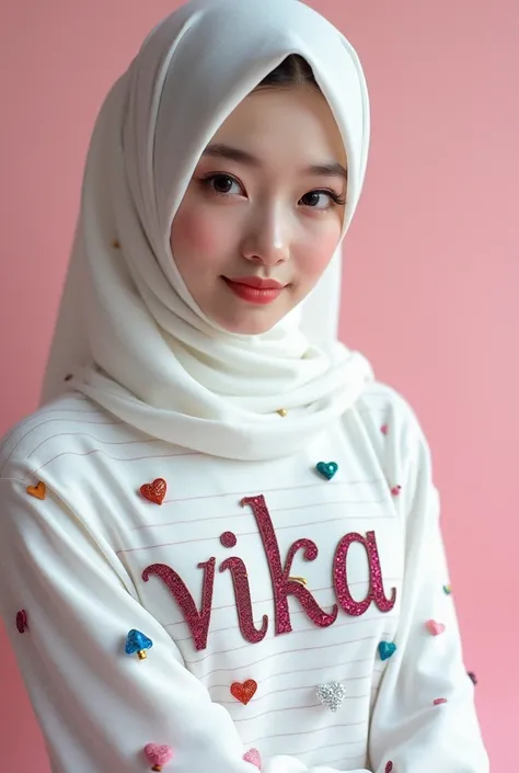 A photo-realistic young Korean woman with a white  hijab pasmina,aged 20 years, perched on top of the text "Vika" written in an intricate script on a lined notebook page. She has black eyes. There are vibrant Christmas hearts and stars in pink, blue, cryst...