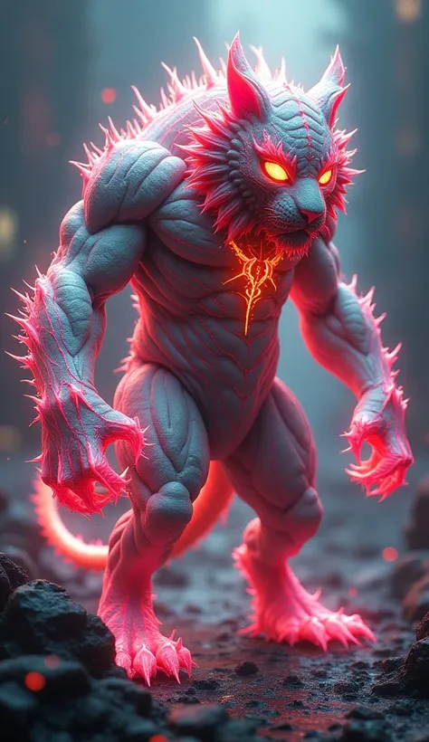 create 32k hybrid fusion of a snow tiger and a dragon fruit, in a Spiderman-like warrior form from a dark, unpredictable galaxy. The creature’s body is massive and muscular, with the powerful, sleek form of the snow tiger fused with the vibrant, spiky text...