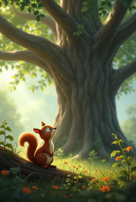 Page 1: (Image: Squeaky the squirrel looking thoughtfully at a giant oak tree.)