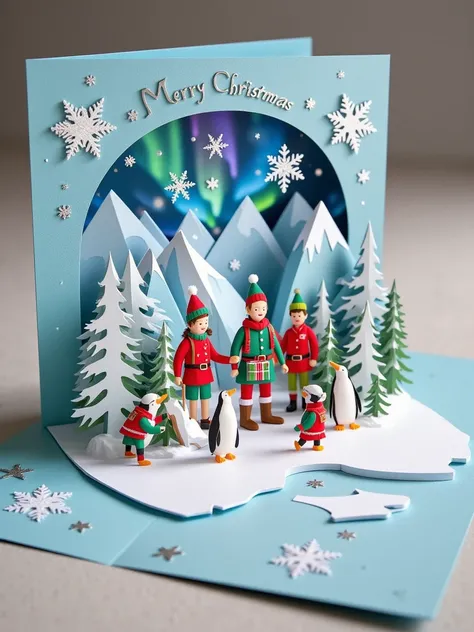 A realistic close-up photo of a handmade Christmas popup card made entirely of intricately cut and folded paper or cardstock. The card is open, revealing a detailed 3D scene crafted from layered paper: a team of explorers on a Christmas-themed polar expedi...