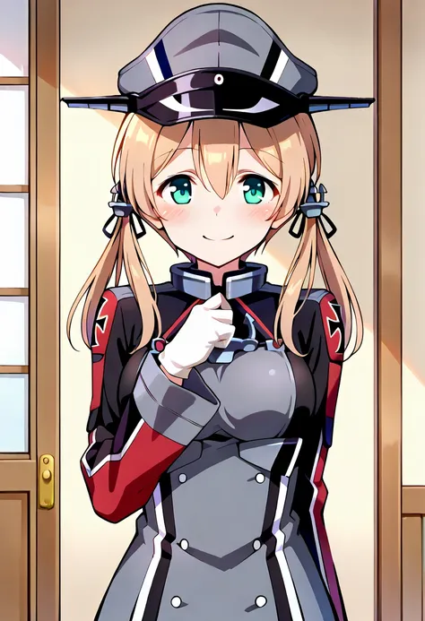 score_9, score_8, score_7, source_anime, prinz eugen (kancolle), low twintails, anchor hair ornament, long sleeves, military hat, military uniform, iron cross, gloves, cross, white gloves, smile