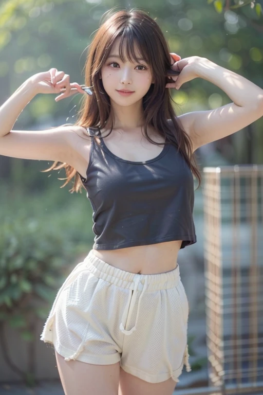 白色の大きな shirtと黒いミニスカートを着た日本人モデル、 sexy cropped top under a shirt ｙ shirtの下に着ている,  slim girl pics model,  low cut tank top  ,  Im wearing a light blue cropped tank top,  Whiteｙ shirtを羽織っている、SheerＹ shirt、 slim girl pics,  looking at camera、 Detailed Beautiful ...