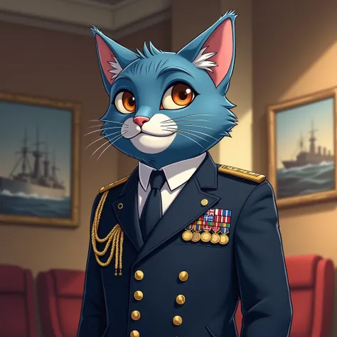 draw this a man anthropomorphic blue cat with brown eyes. He is a admiral and wears a naval uniform with tie and jacket and the chest full of medals  do it full body image in the ceremony hall with decoration with naval photos and ships