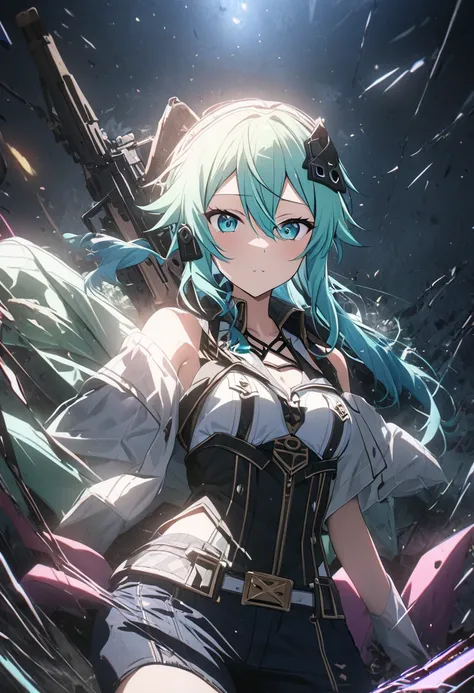 ( sinon, ), shooting rifle, (absurdres, masterpiece, best quality, ultra detailed), (professional lighting, absolutely resolution, texture, incredibly absurdres, ultra HD, 8k), (bang dream style), (project sekai style), (koe no katachi, saenai heroine no s...