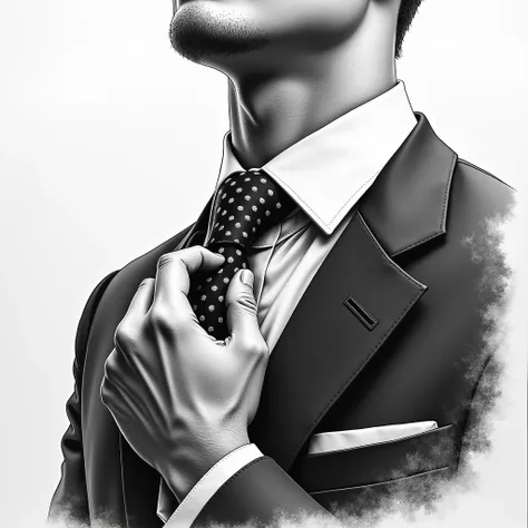 hand drawing adjusting tie in black suit