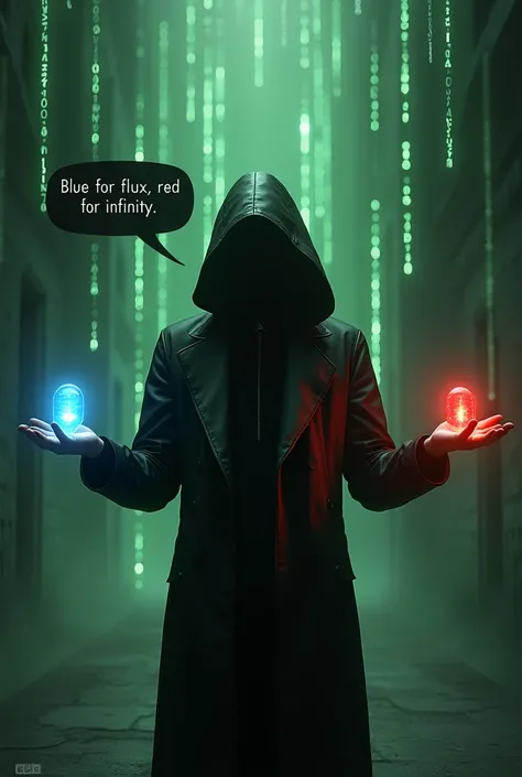 An image depicting a scene inspired by The Matrix where a character is holding out two pills, one in each hand. The character should be dressed in a black trench coat, with a futuristic and dark atmosphere, similar to the iconic scene. The left hand holds ...