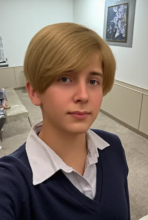 Generate a Soviet/Russian teen boy, 14-year-old bot, with blonde hair, middle-parted haired, he wears white collared sweater where the sweater is dark blue, middle-school boy, 8th graders, photo-realism