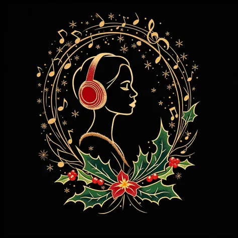 Create a magical Christmas-themed design featuring a silhouette of a woman wearing earmuffs and surrounded by swirling music notes that transform into snowflakes and holly leaves. Use a festive palette of rose gold, deep red, and emerald green with sparkli...