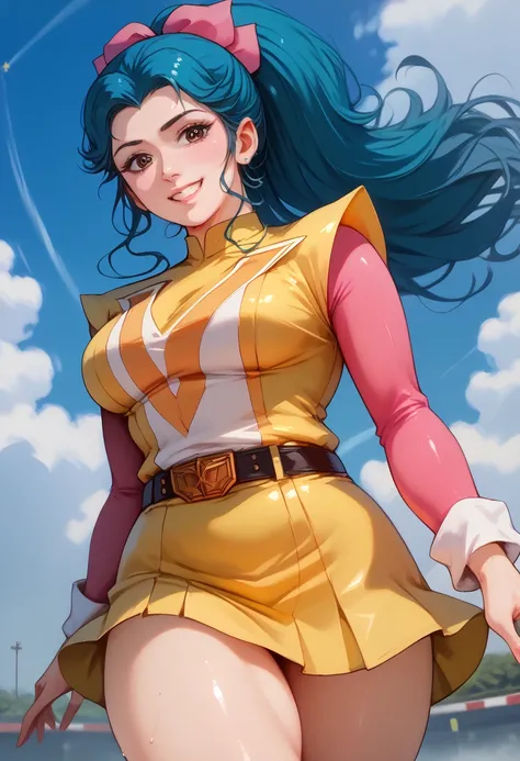 
Oka_Megumi,teal hair,ponytail,long hair,(pink ribbon:1.1),A yellow and white pilot suits with an orange V in center,white long gloves,pink sleeves,yellow boots,belt,,score_9, score_8_up, score_7_up, ,perfect hands, perfect finger,perfect anatomy, masterpi...