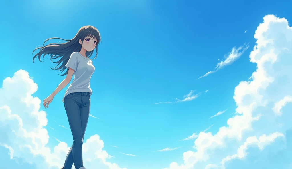 anime woman in casual outfit, the background is a blue sky with some clouds on it, the woman is the left of the image