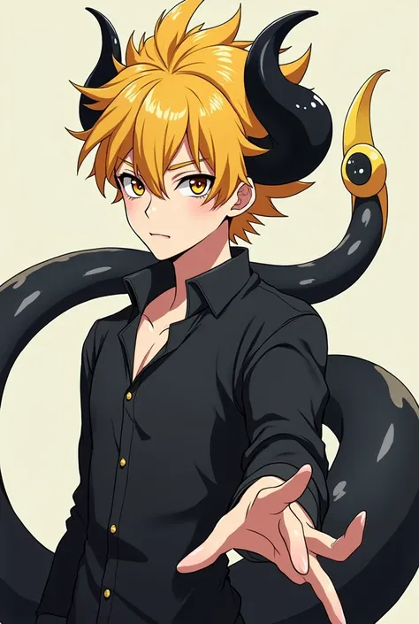 Handsome anime boy with puffy yellow hair and has big black thick Horns and has a giant black tail that is a giant claw with giant eye on the palm of the claw tail, the rest of the tail has multiple white eyes with slit pupils