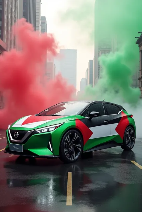 Nissan Ariya wrapped in Palestine flag in a city colored smoke 