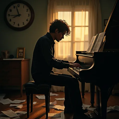 "A dimly lit room with a determined musician practicing tirelessly at a grand piano. Their hands show signs of effort—calluses and slight redness—as they press the keys. The room is filled with crumpled sheet music scattered across the floor, showing trial...