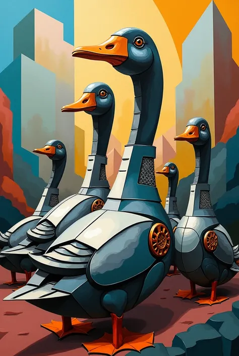 surreal cubism painting of robotic ducks