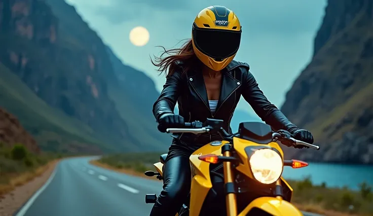 rompts Copy realistic full-length photo , woman , beautiful, Sports, with brown hair to the waist , in leather pants, leather jacket, wearing a Shark Spartan GT , rides a bright yellow Honda CRF 300 motorcycle down the road at night, large motorcycle helme...