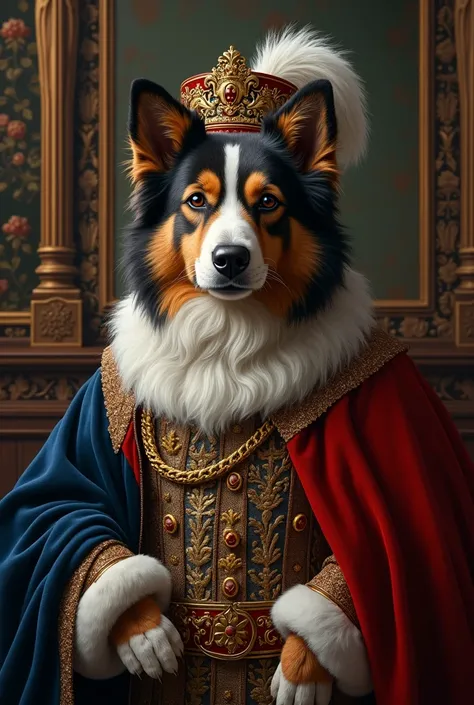 realistic half-bust portrait of a Slovensky Kopof dog dressed as a Duke on a serious royal background