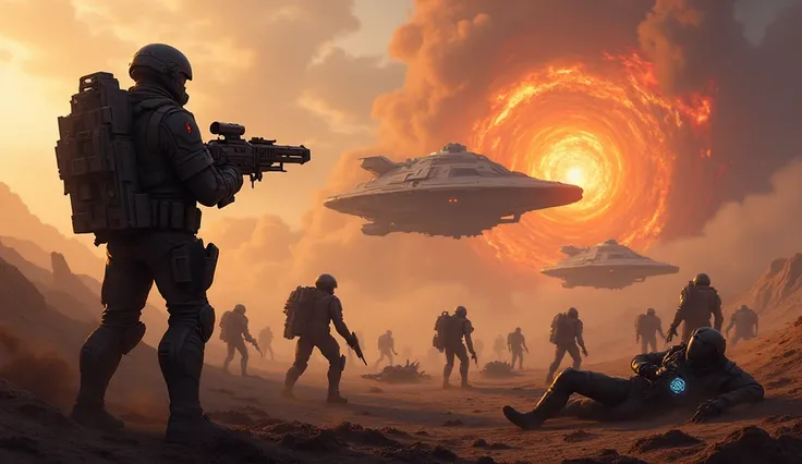 
"Scene of a futuristic battlefield with a human general operating a powerful Gatling gun, surrounded by fallen alien troops in advanced armor. The human soldiers are in tactical gear, strategizing the final push. In the background, a futuristic galactic e...