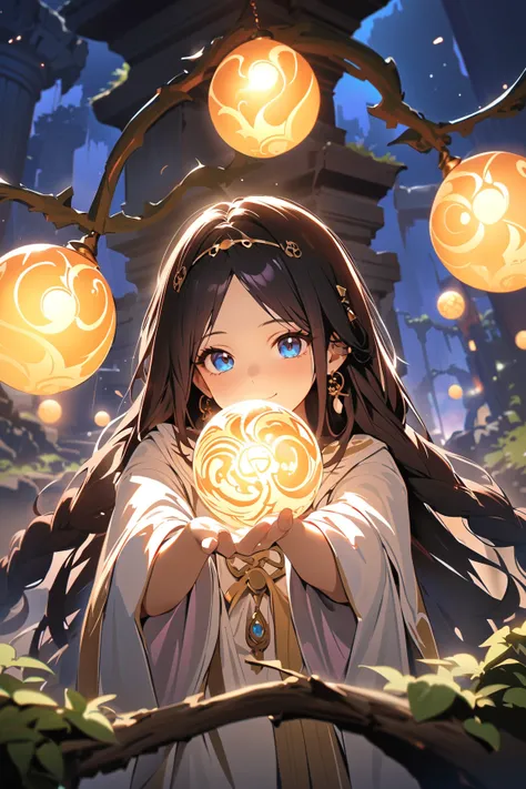 1 girl, (cute face), (long braided hair:1.2), (blue eyes), small breasts, slim, (wearing a mystical priestess robe), (flowing sleeves), BREAK  
Ancient temple ruins, overgrown vines, (glowing orbs:1.2), (performing a ritual:1.2), twilight ambiance, outdoor...