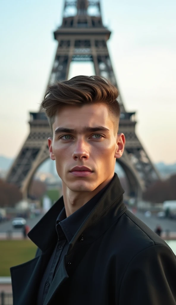 Very handsome white european slavic  teenage boy  of twenty years old with beautiful face with clearly defined cheekbones. with green eyes wearing modern clothes in font of Eiffel Tower in Paris. realistic ptoto. ( highly detailed skin:1.2), 8K UHD, dslr c...