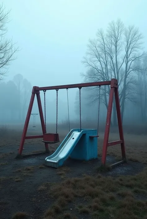 An abandoned playground in the early foggy morning. A swingset and old slide with faded paint. The swingset is red. The slide is blue. The mist wraps the scene in an eerie yet nostalgic ambiance --ar 16:9 --v 6.0