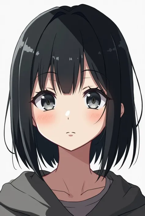 generates an image of a teenage girl with straight black hair and with different bangs, with gray eyes and low brightness and with a serious look and small eyes, white skin in the anime style of Tokyo Revengers .