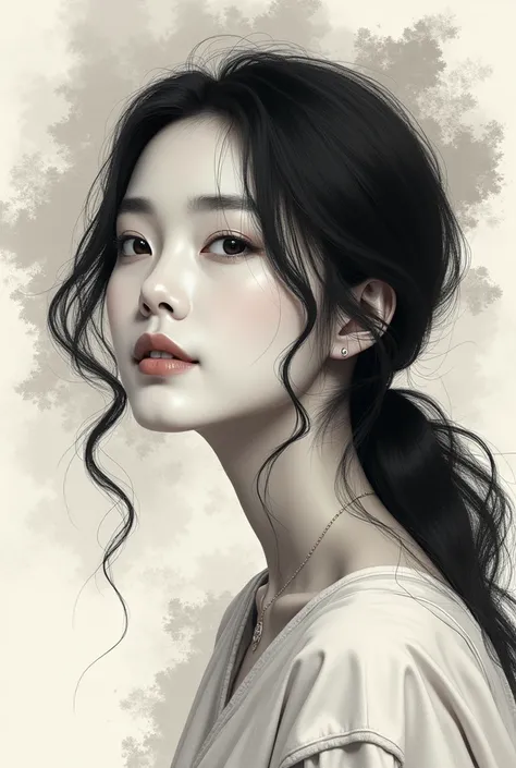 Create a digitally rendered portrait of a beautiful modern Japanese woman in a serene and uplifting atmosphere. Her soft, contented expression radiates inner happiness, with a gentle, peaceful smile. Her sleek, flowing black hair gracefully frames her deli...