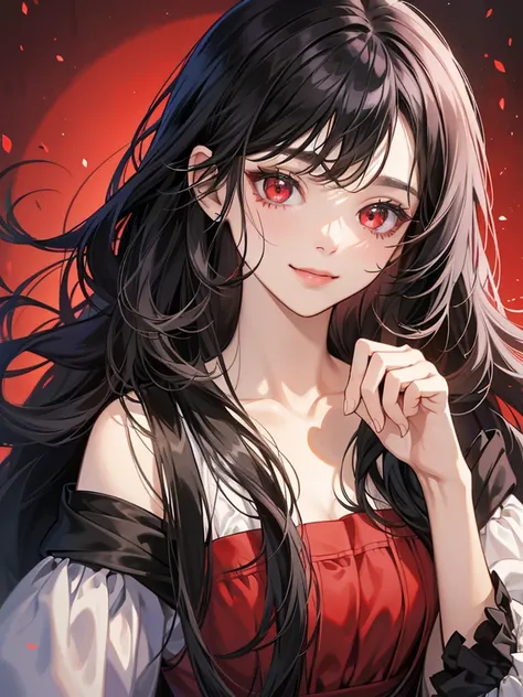 girl, with red eyes, black long wavy hair. she so arrogant, pretty. sadistic eyes. have. big eyes. she so pretty and beautiful. wear dress. she . little. cute. smiling cute. short. have bangs in hair. cute.  short. . young lady.