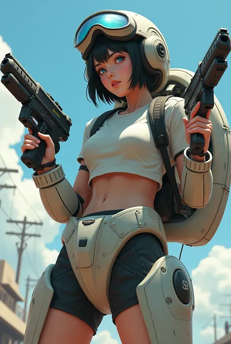  is a woman riding a robot that looks like her hands and feet are attached to the cockpit of an airplane、 Japanese、18 years old、 pretty girl、 black hair short hair、The robot with goggles on her eyes 、ＴWearing a shirt、、 wearing shorts 、 has a machine gun in...